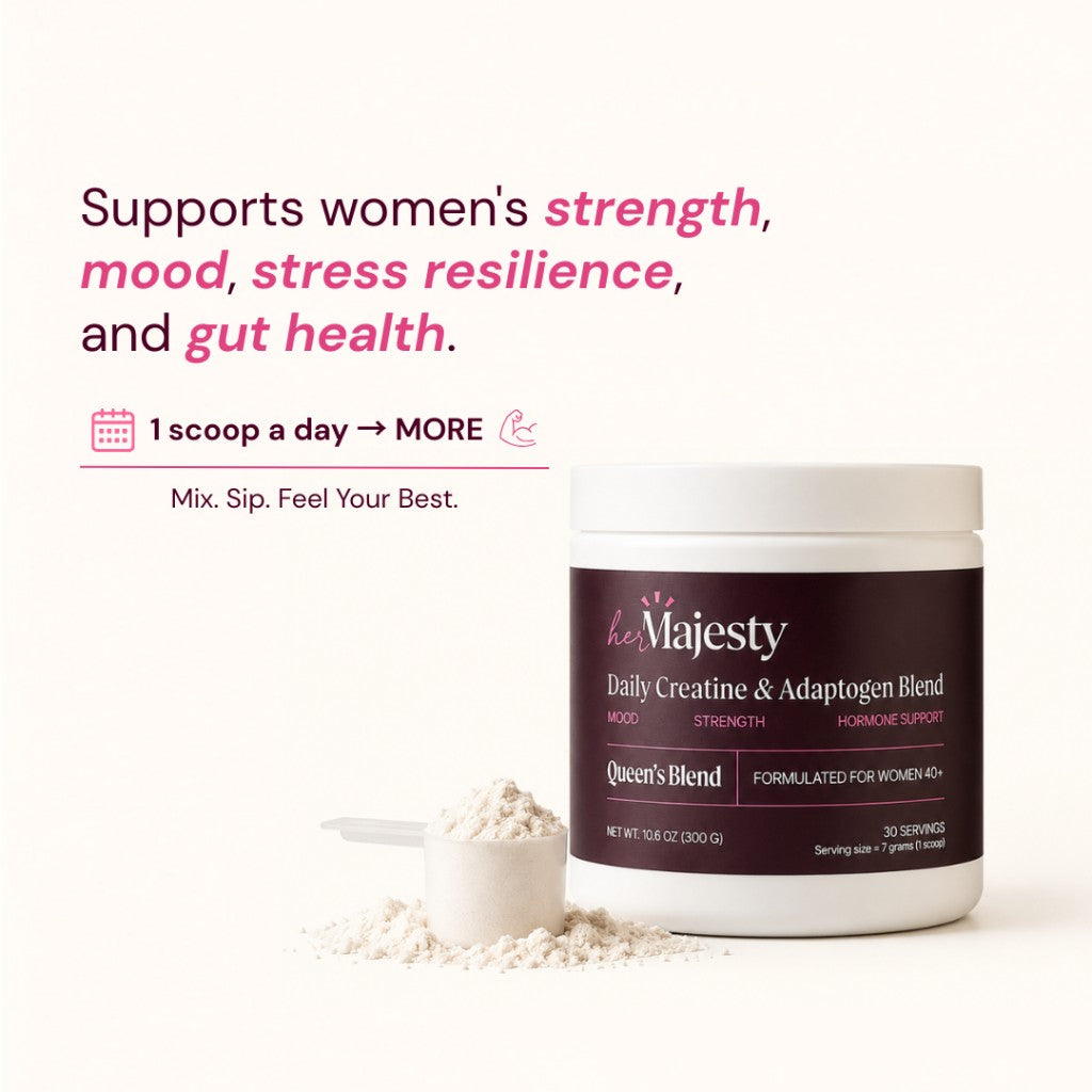 Queen's Blend daily creatine routine for women 40+ — one scoop for strength, mood, and gut health