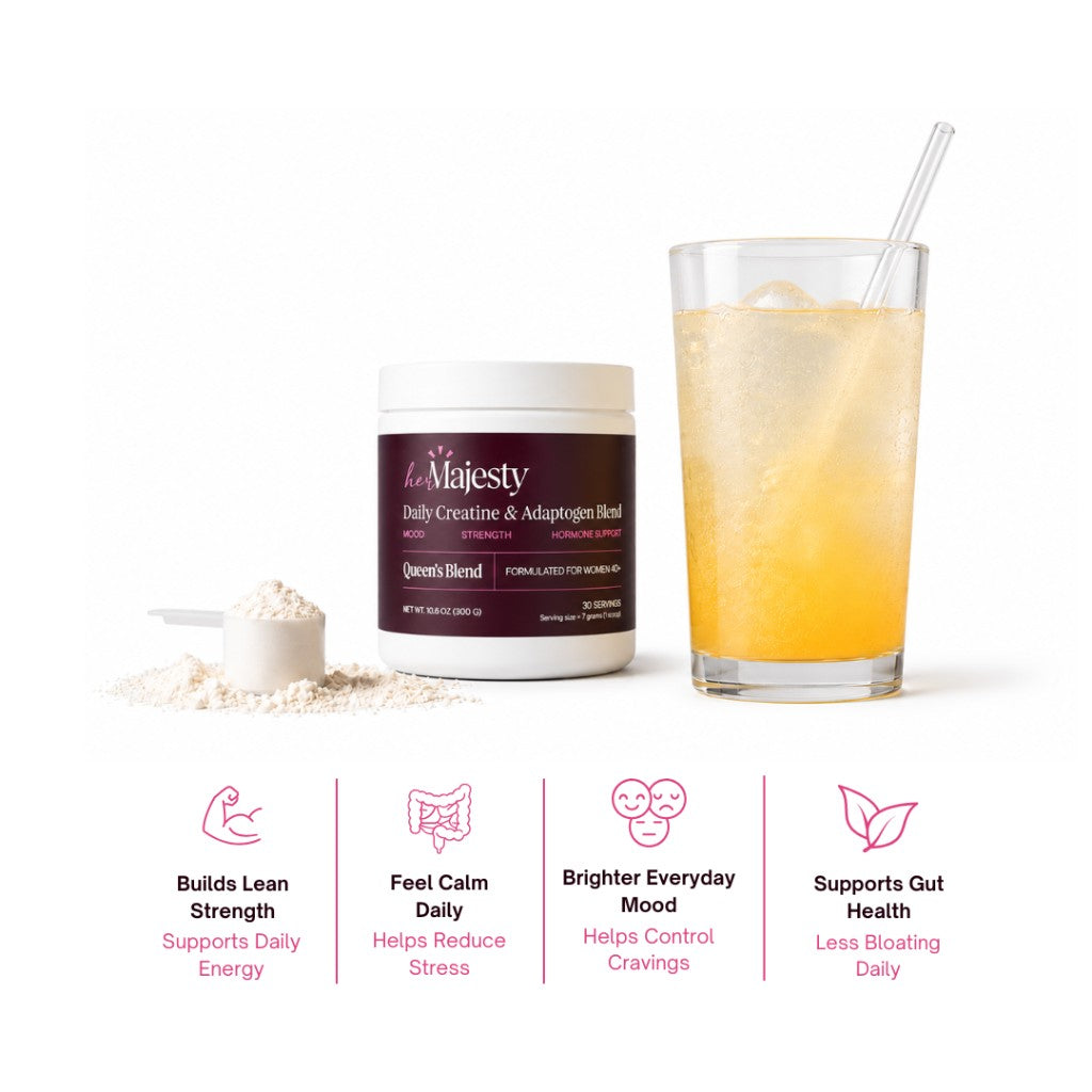 HerMajesty Queen's Blend creatine for women 40+ — strength, mood, stress resilience, and gut support